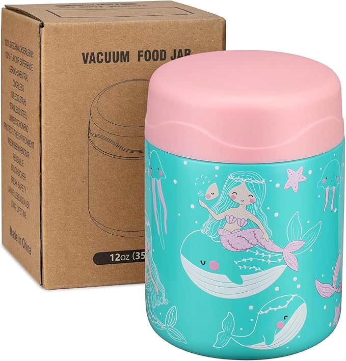 12oz Soup Thermo for Hot Food Kids Insulated Food Jar Wide Mouth Lunch Container Leak Proof Stainless Steel Vacuum Bento Box for School Office Travel Outdoors Green-Mermaid