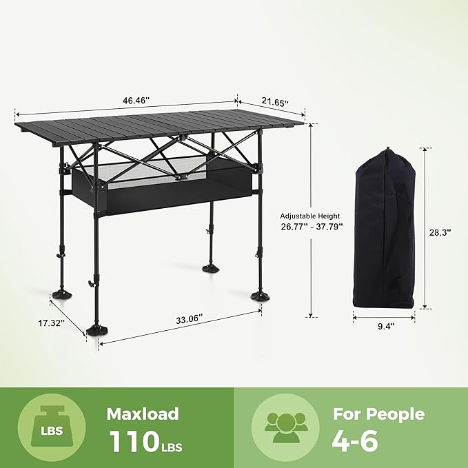 LET'S CAMP Folding Camping Table, Portable Aluminum Roll-up Picnic Backpacking Table with Adjustable Height, Large Storage and Carrying Bag for Picnic, Camping, BBQ, Party, Backyard, Beach