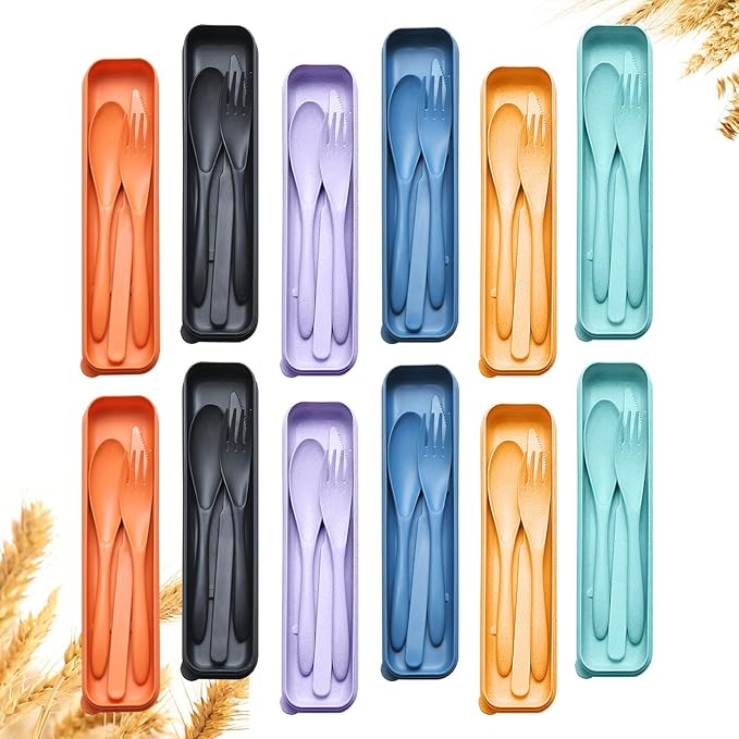 Reusable Travel Utensils Set with Case, 12 Sets Wheat Straw Portable Plastic Fork Spoons Knife Camping Cutlery, Eco-Friendly BPA Free Lunch Tableware for Kids Adults Travel Picnic Silverware