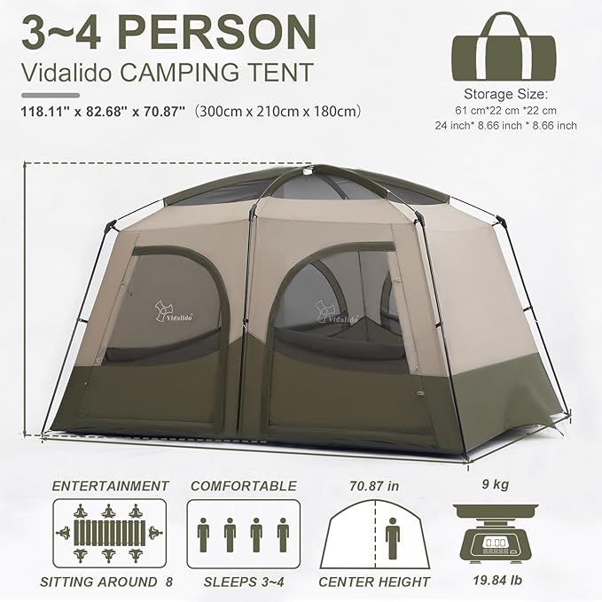 Vidalido Tents，3-4 Person Camping Tent with Extended Vestibule，Weather Resistant Family Tents with Breathable Mesh Windows，Easy Install Waterproof Outdoor Tent for Backpacking and Camping Hiking