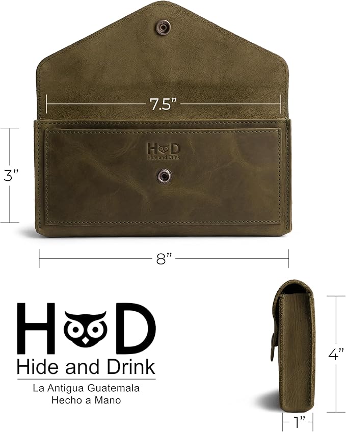 Hide & Drink, Full Grain Leather Large Female Wallet, Travel Organizer for Women, Vintage Money and Card Holder, Handmade, Dark Jade