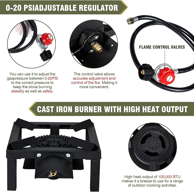 BESTFIRE Propane Burner,100,000 BTUs High Pressure Single Propane Stove with 4.1ft Adjustable Hose with Regulator,Gas Stove for Outdoor Cooking, Turkey Fry, Seafood Boil