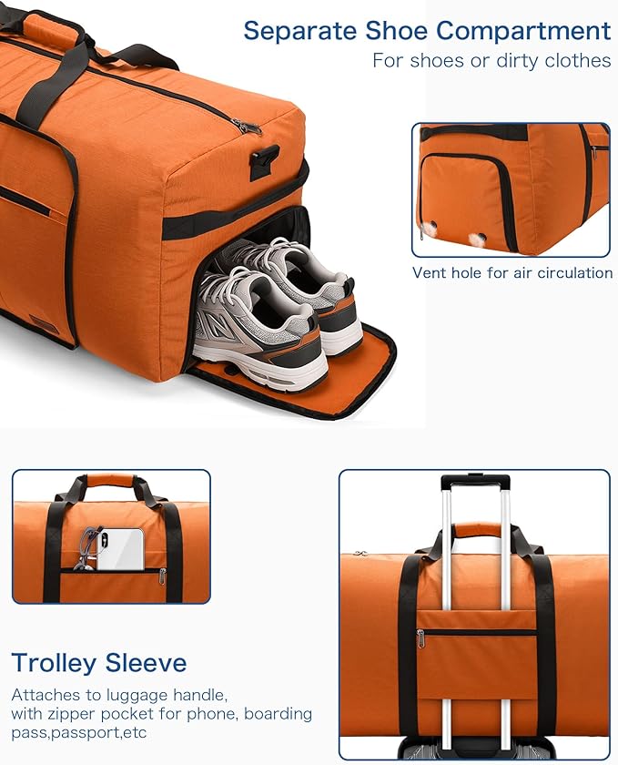80L EXTRA LARGE Duffle Bag for Travel, 26" Foldable Travel Duffel Bag with Shoe Compartment for Men Women, Waterproof & Tear Resistant (Orange, EXTRA LARGE, 80L)