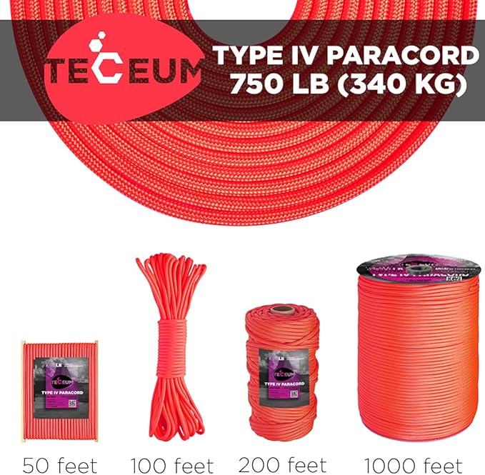 TECEUM 5/32" Paracord Rope 1000 – 1000ft / 200ft / 100ft / 50ft – Tactical Parachute Cord 4mm – 45+ Colors – Nylon String for Survival & Camping Gear – Stripe Cord for Survival – Utility Rope
