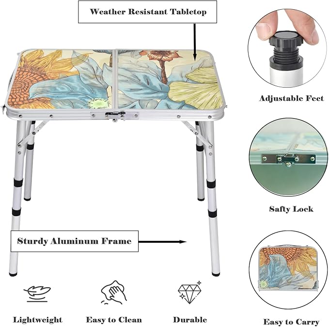 Small Folding Camping Table, 2ft Portable Picnic Table Aluminum 24" x 16" Folding Table, 3 Adjustable Heights Portable Lightweight Table Dining Table for RV, Picnic, Beach (Sunflower)