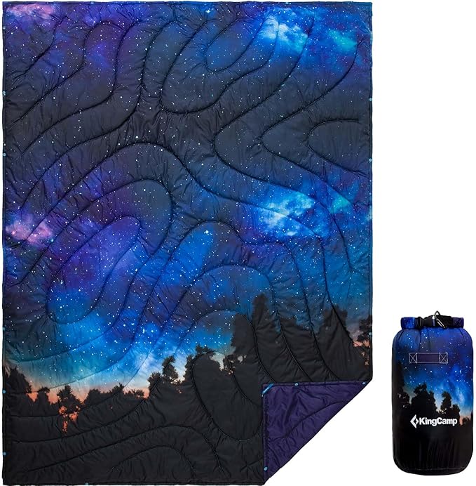 KingCamp Ultralight Camping Blanket, Packable Down Alternative Puffy Printed Wearable Blanket with Snap Buttons & Corner Loops Weatherproof Quilt for Outdoor Travel Stadium (79"L x 57"W, STARRYSKY)
