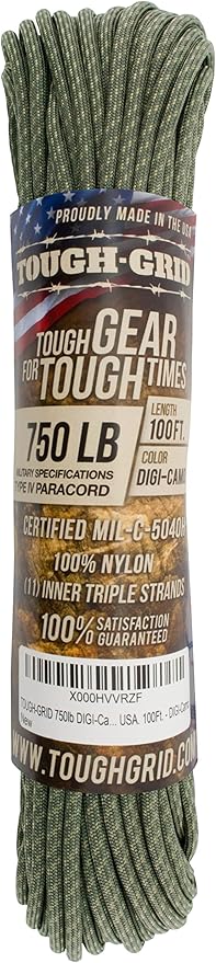 TOUGH-GRID Paracord Rope 750 lbs Nylon Parachute Cord, Made in USA Survival Kit, Outdoor Adventures, Camping, Tactical Gear & Emergency Supplies, Military Type IV Mil-Spec