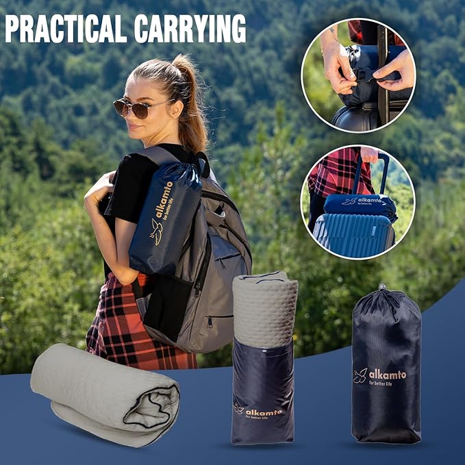 Travel & Camping Comfortable Memory Foam Pillow – Easy to Carry Portable Bag – Temperature Regulating Pillow Case (Grey Contour + Extra Cover)