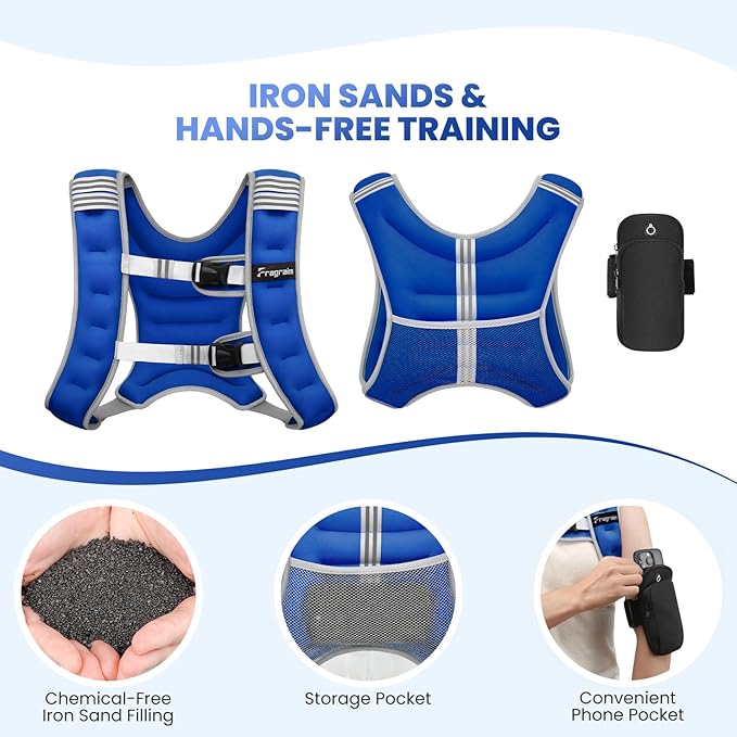 Fragraim Weighted Vest for Women Men - 8lb/10lb/12lb/16lb/22lb/25lb/30lb Weight Vest with Reflective Stripe, Detachable Phone Pouch, Ideal for Walking, Strength Training, Running, Workout, Cardio