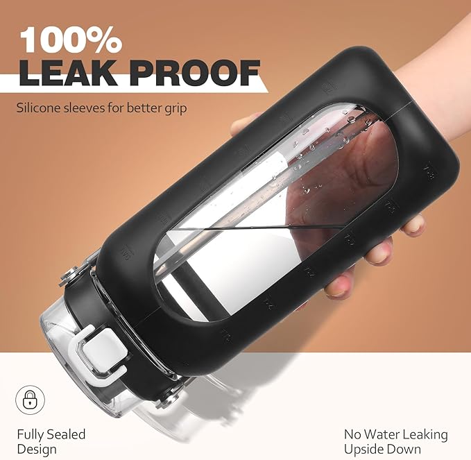 BLUEGO 64oz Water Bottle Glass with Stainless Steel Handle Large Water Bottle with Time Markers and Silicone Sleeve Half Gallon Water Jug BPA Free for Gym Daily Use, Black