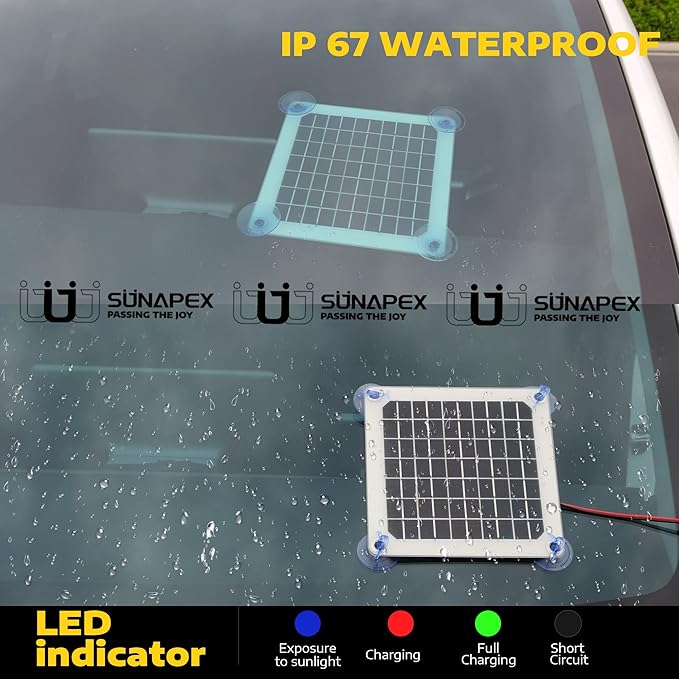 SUNAPEX Solar Battery Charger Maintainer, 5W 12V Portable Waterproof Solar Panel Trickle Charger with Built-in Charge Controller, Cig Plug, Alligator Clips, O-Rings for Car, Truck,Tractor, Boat, etc