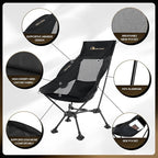MOON LENCE High Back Camping Chair with Pillow - 330lbs Capacity Folding Portable, Wide Seat & Ergonomic Support for Backpacking Hiking Picnics (Black)