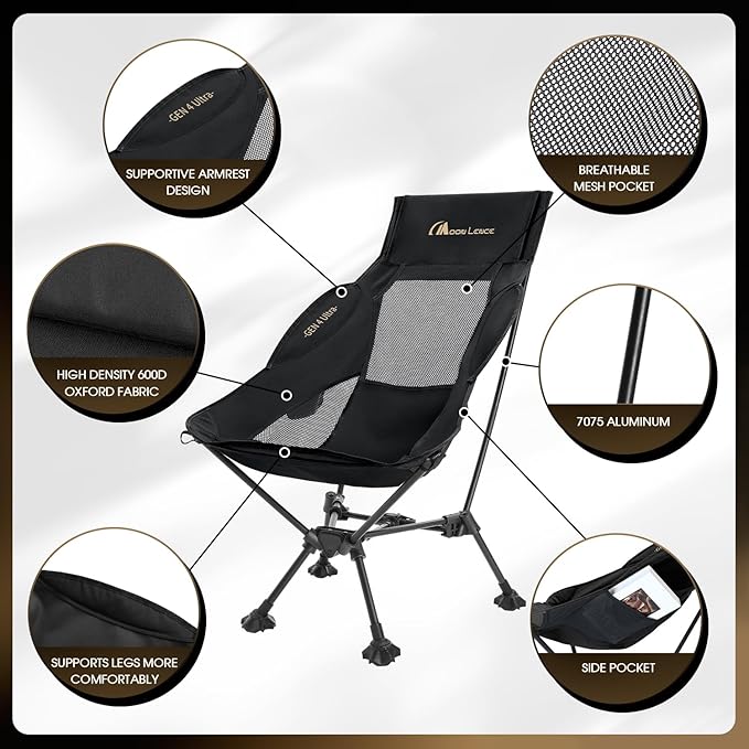 MOON LENCE High Back Camping Chair with Pillow - 330lbs Capacity Folding Portable, Wide Seat & Ergonomic Support for Backpacking Hiking Picnics (Black)