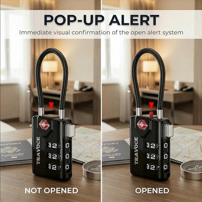 • TRAVOCE TSA Approved Luggage Locks - Heavy Duty 3 Digit Combination Cable Lock, Search Alert for Suitcases, Backpacks, Golf Bags, Tents, Violin and Camera Cases, 6 Pack, Black