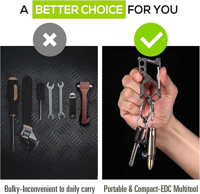 Carabiner Keychain Stainless Steel Multitool - 11 in 1 Tactical Emergency Survival Gear - Glass Breaker,Bottle Opener, Wrench, Screw Drivers, Key Clip, EDC Pocket and Backpack Tool