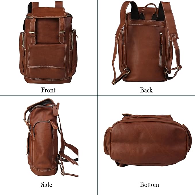 Genuine Crazy Horse Leather Backpack - Vintage Bag with Anti-Theft Design, Fits 16 Inch Laptop(5098-Khaki)