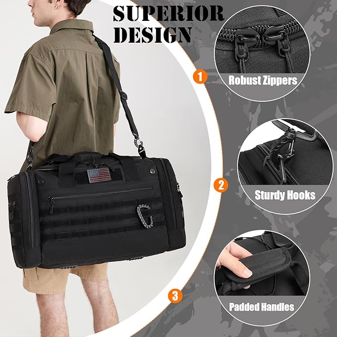 45L Large Duffle Bag for Men & Women, Tactical Military Duffle Bag for Travel Weekender, Gym Bag, Large Sports Bag for Hockey Football Baseball Soccer Basketball & Team Training, Black