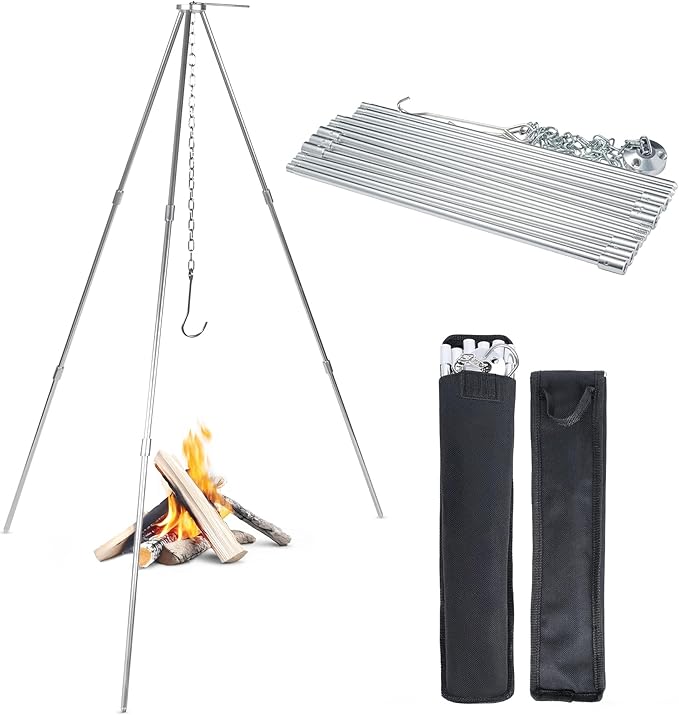 Tactiko Survival Campfire Cooking Tripod – 33" Stainless Steel Folding Stand with Adjustable Chain – Compact & Lightweight Outdoor Gear for Hanging Kettles, Pots & Percolators – Carry Bag Included