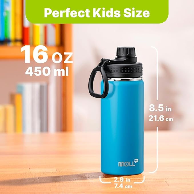 Kids Insulated Water Bottle-16 oz Stainless Steel Vacuum Wide Mouth Sports Flask with Silicone Boot-Reusable Metal Leak Proof Travel Water Bottle for Girls Boys, BPA-Free(Sky Blue)