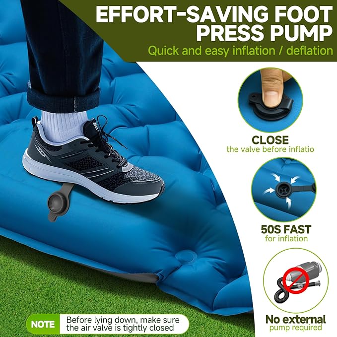 Inflating Sleeping Pad Mattress for Camping: Inflatable Camping Bed with Built-in Foot Pump for Tent - 4" Extra Thick Mat Air Cot for Floor - 2 Person Blue