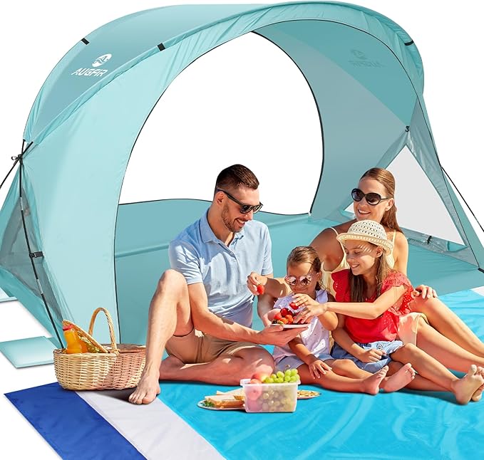 Beach Tent Sun Shelter, Beach Tent with Beach Mat Set, 4 Person Portable Beach Shade Canopy with UPF 50＋ UV Protection, Dual-Door Ventilation Design, Easy Setup Family Beach Umbrella (Green)
