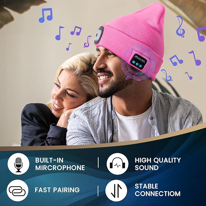 Bluetooth Beanie Hat with Light, USB Rechargeable LED Headlamp with Wireless Headphones, Gifts for Men, Him, Husband, Boyfriend, Dad Gifts for Dad, Husband, Father, Pink