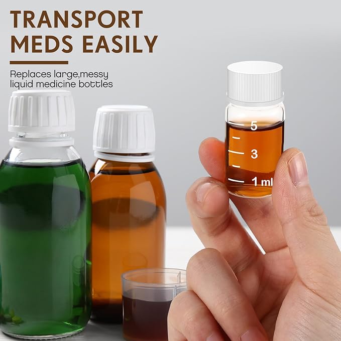 Baderke 4 Pcs Liquid Medicine Travel Container Scale Glass Liquid Containers Small Single Dose Medicine Bottles Dispenser and Leak-proof Plug Travel Essentials Accessories(Clear,5ml)