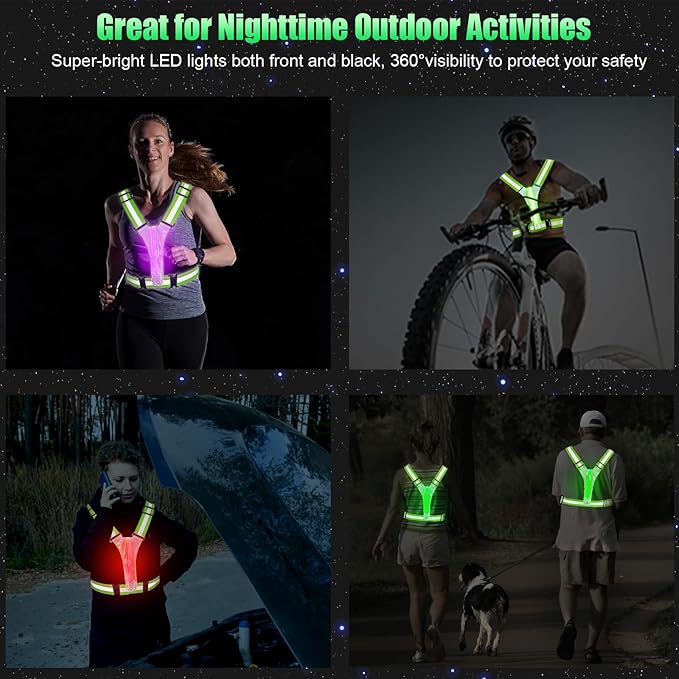LED Reflective Vest Running Gear, 5 Colors Lights Up Running Vest for Night Walking Cycling Jogging, Adjustable Size for Men Women Kids, Rechargeable and High Visible