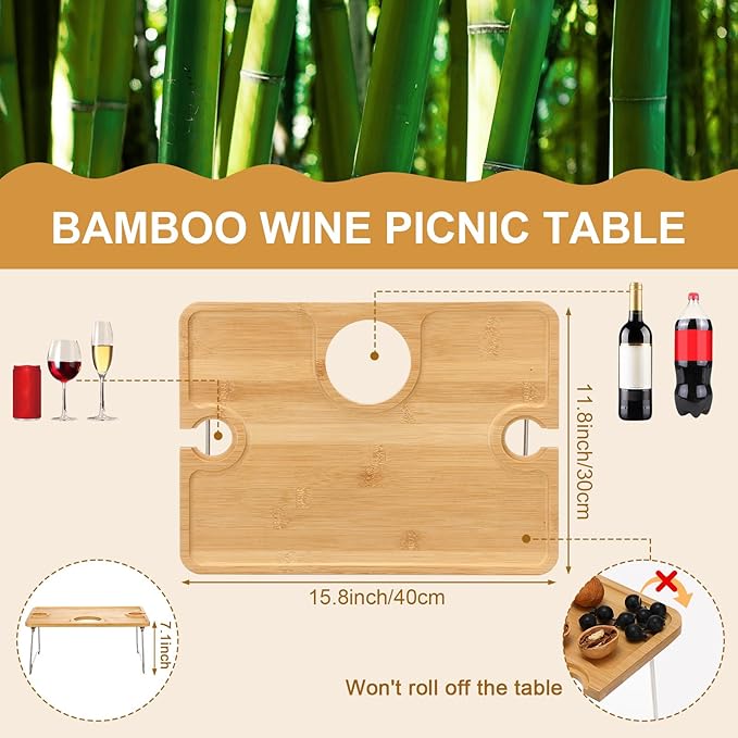Picnic Foldable Wine Table with Bamboo Plate Kit, Handmade Handle Portable Bamboo Tray Table with Food Plate for 2 Outdoor Camping Picnic Wine Set Gift for Couples