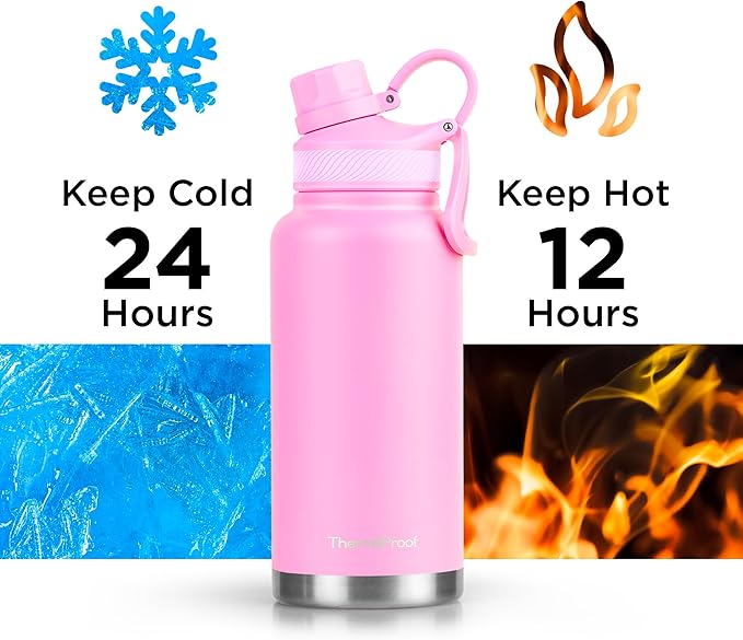 ThermoProof Double-Walled Vacuum Insulated Stainless Steel Water Bottle - Wide Mouth Canteen, Spout & Straw Lids, Dishwasher Safe, Reusable, Leakproof, Hot & Cold for Men, Women & Kids - 32oz, Pink