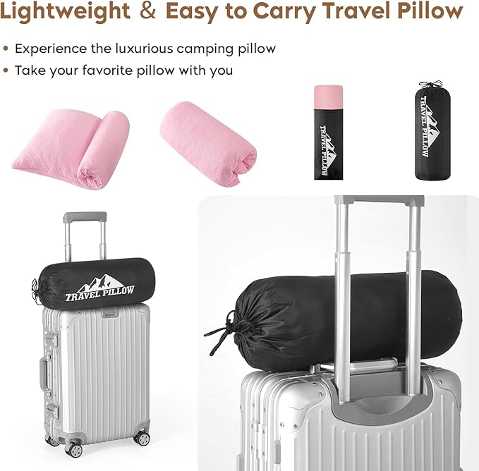 Small Shredded Memory Foam Pillow, Camping Pillow Travel Pillow - Compressible Medium Firm, Breathable Cover, Ideal Backpacking Hiking, Airplane and Car (Apricot Pink, M)