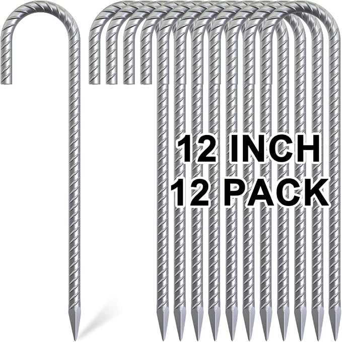 Rebar Stakes 12 Inch, 12 Pack Galvanized Tent Stakes Heavy Duty Ground Stakes, J Hook Metal Fence Stakes for Ground, Outdoor Decoration, Wire Fencing, Gardening
