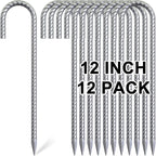Rebar Stakes 12 Inch, 12 Pack Galvanized Tent Stakes Heavy Duty Ground Stakes, J Hook Metal Fence Stakes for Ground, Outdoor Decoration, Wire Fencing, Gardening