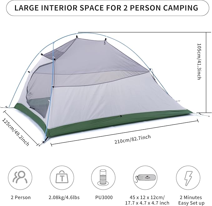 Naturehike Cloud-Up 2 Person Tent Lightweight Backpacking Tent with Footprint - Free Standing Ultralight Camping Hiking Backpack Tents Two Person Tent