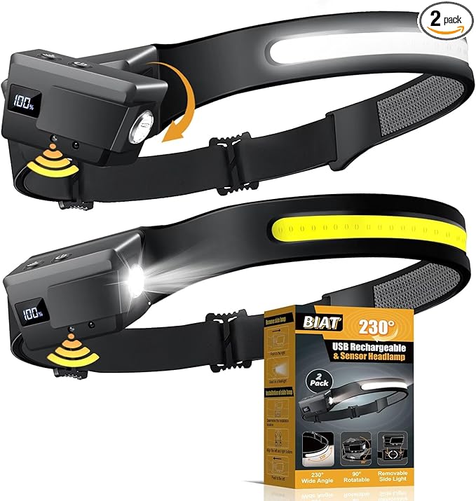 BIAT LED Headlamp Rechargeable 2PCS, 230° Wide Beam Headlight with Motion Sensor, 90° Rotation and Removable Head Lights for Forehead, 5Mode Head Lamp for Adults, Camping Essentials Gear for Hiking