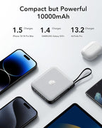 VRURC Portable Phone Charger 4 Built-in Cables, Fast Charging PD 20W Power Bank 10000mAh, USB C Mini Battery Pack for iPhone 16 15 14 Samsung Galaxy S23 Google Android Cell Phones(1 Pack)