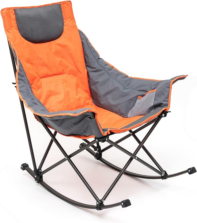 SUNNYFEEL Oversized Rocking Camping Chair, Fully Padded Patio Chair with Side Pocket, High Back Portable Lawn Recliner with Headrest, Outdoor Camp Rocker Chairs for Adults Heavy Duty 500 LBS