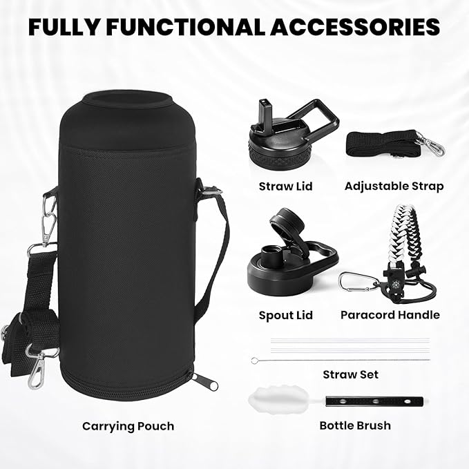 Insulated Water Bottle 87 oz, Triple Wall Vacuum Stainless Steel (Cold for 48 Hrs), Leak Proof & Non-BPA, Modern Water Flask Jug with Paracord Handle & Straw Spout Lids, Ombre: White/Black