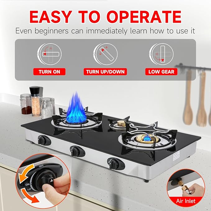 Propane Gas Cooktop,3 Burners Gas Stove portable gas stove, 0.28"Tempered Glass, Auto Ignition Camping 3 Burner LPG for RV,Apartments,Outdoor