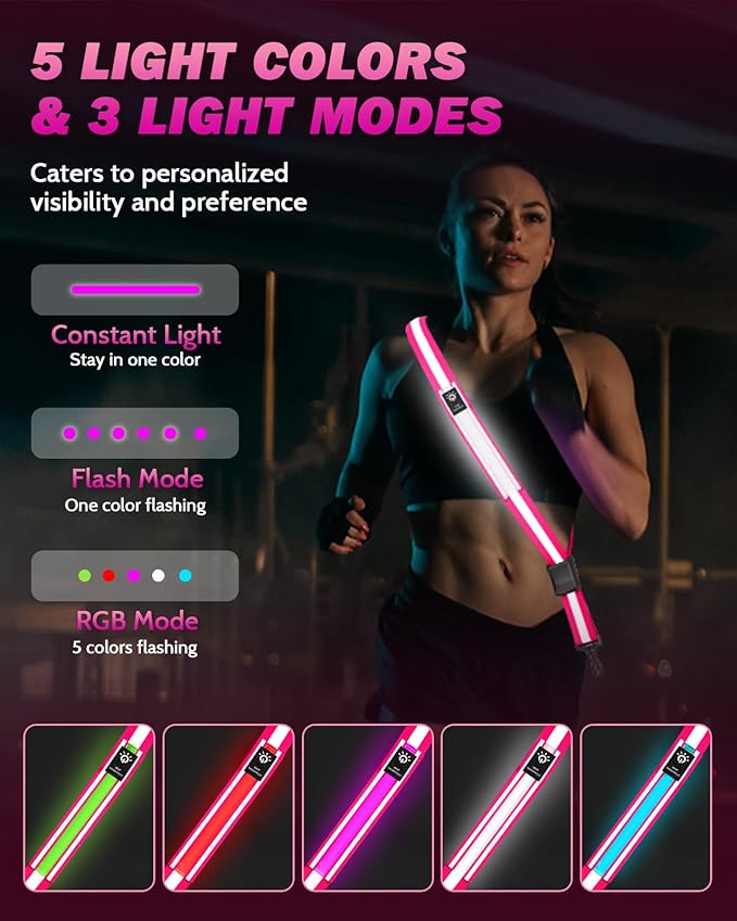 LED Reflective Belt Sash - 5 Lights Colors & 3 Light Modes High Visibility Night Safety Belt, Rechargeable Light Up Running Gear Adjustable Vest Straps for Runners Walkers Men Women