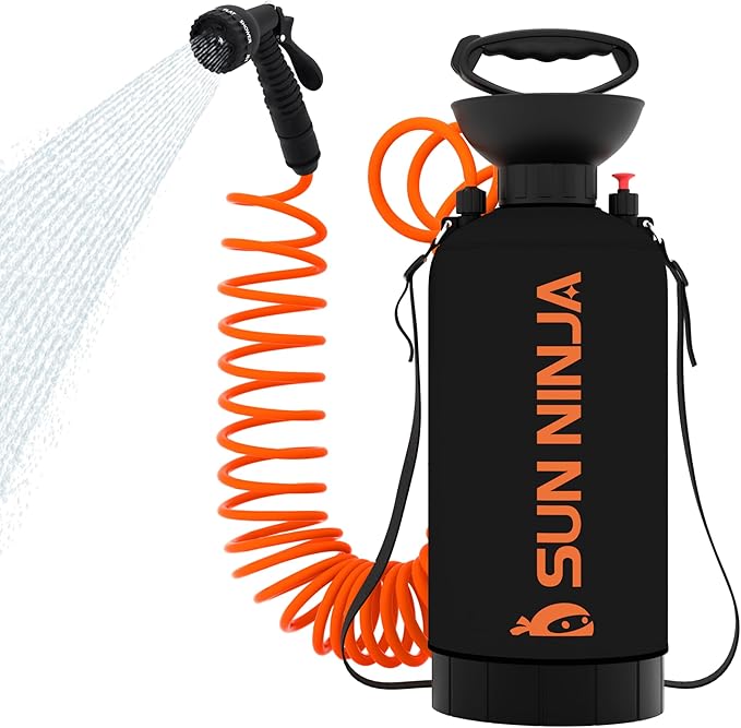 SUN NINJA Portable Shower, Camping Shower with 7 Mode Shower Head, Neoprene Cover Helps Keep Water Warm, High Pressure Hose, Easy to Carry