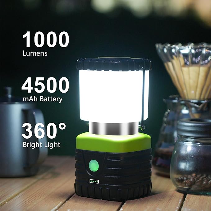 3PCS 6500K White Light LED Camping Lantern Rechargeable 1000LM, 4500mAh Power Bank, Flashlight for Hurricane Emergency, Hiking, IP44 Waterproof Lantern(Green)