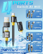 4 in 1 USB C Cable 240W 5FT Compatible with Lightning Cable Fast Charging [20 Gbps Data Transfer] Nylon Braided Multi Charger Cord Combo for iPhone 17/16/iPad/MacBook Charge Wire, Black
