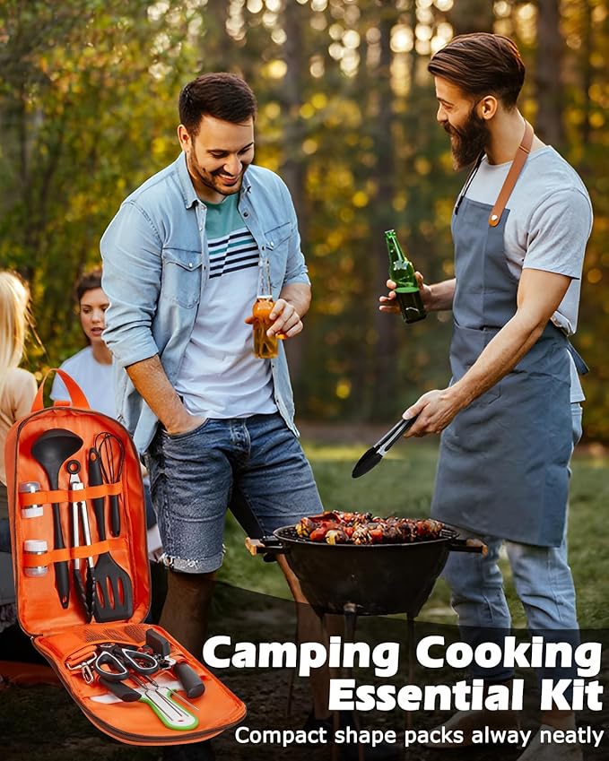 Camping Cooking Set - Camping Utensil Set Car Camping Cooking Essentials Gear for Camp Kitchen Cooking and Grilling, Stainless Steel & Silicone Ideal Gift for RV Tent Camper, Picnics, BBQs
