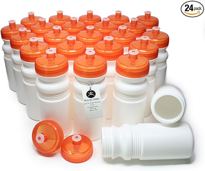 Rolling Sands USA Made 20 Ounce Sports Water Bottles - 24-Pack Bulk BPA-Free Blank Sports Bottles for Teams & Classrooms - White Bottle/Orange Lid, No Smell No Taste