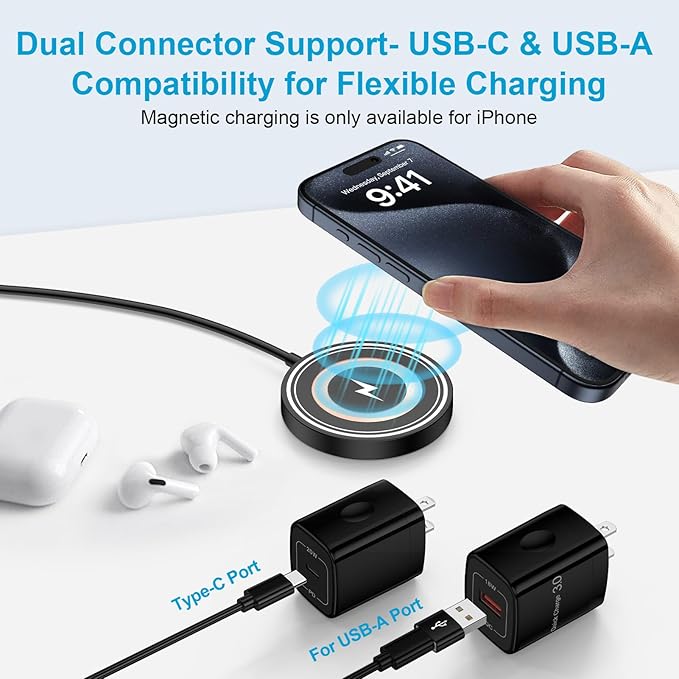 Magnetic Wireless Charger, 15W Fast Wireless Charging Pad Magsafe Charger for iPhone Air/iPhone 17/17 Pro Max/16/16 Pro/16 Pro Max/16 Plus/15 Pro Max/14/13/12 AirPods Pro 4/3/2/Pro with Dual Ports