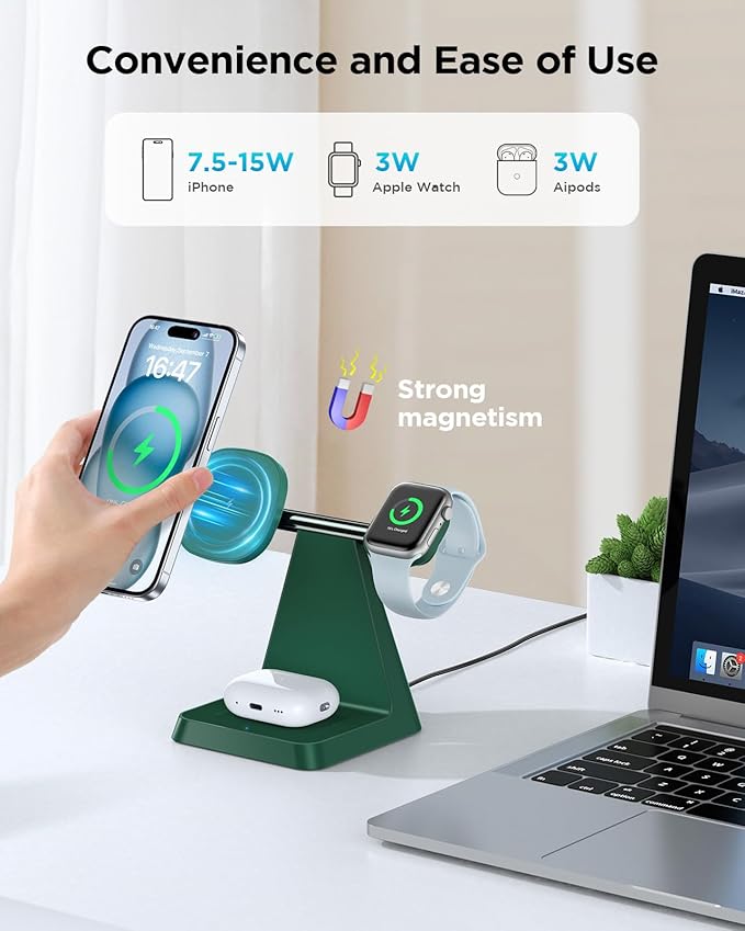 Magnetic Wireless Charger for iPhone - 3 in 1 Charging Station for Multiple Devices Charger Stand for Apple Watch iPhone 16 15 14 13 12 Pro Max