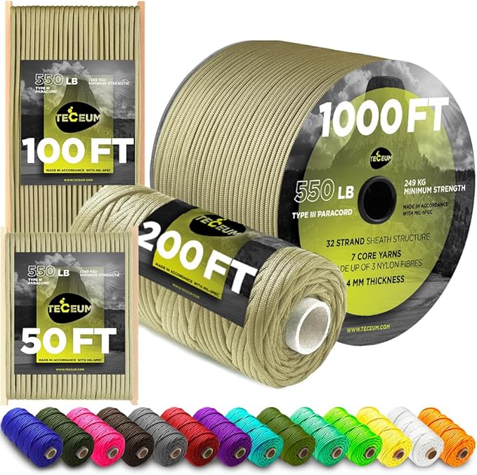 TECEUM 5/32" Paracord Rope 1000 – 1000ft / 200ft / 100ft / 50ft – Tactical Parachute Cord 4mm – 45+ Colors – Nylon String for Survival & Camping Gear – Stripe Cord for Survival – Utility Rope