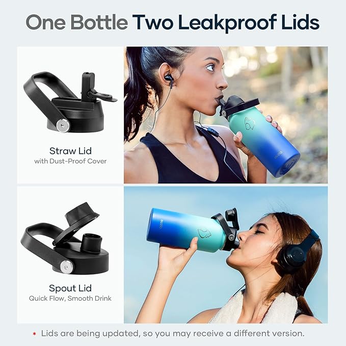 BUZIO Stainless Steel Water Bottle (Cold for 48 Hrs, Hot for 24 Hrs), 32 oz Vacuum Insulated Water Bottle with Straw Lid and Flex Cap (Double Wall, Wide Mouth, BPA Free, Leak Proof), Caribbean Blue