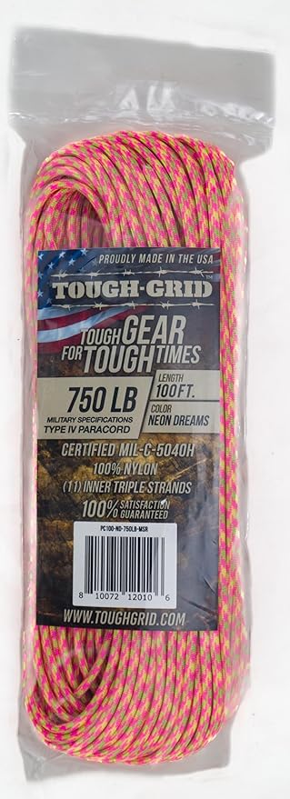 TOUGH-GRID Paracord Rope 750 lbs Nylon Parachute Cord, Made in USA Survival Kit, Outdoor Adventures, Camping, Tactical Gear & Emergency Supplies, Military Type IV Mil-Spec